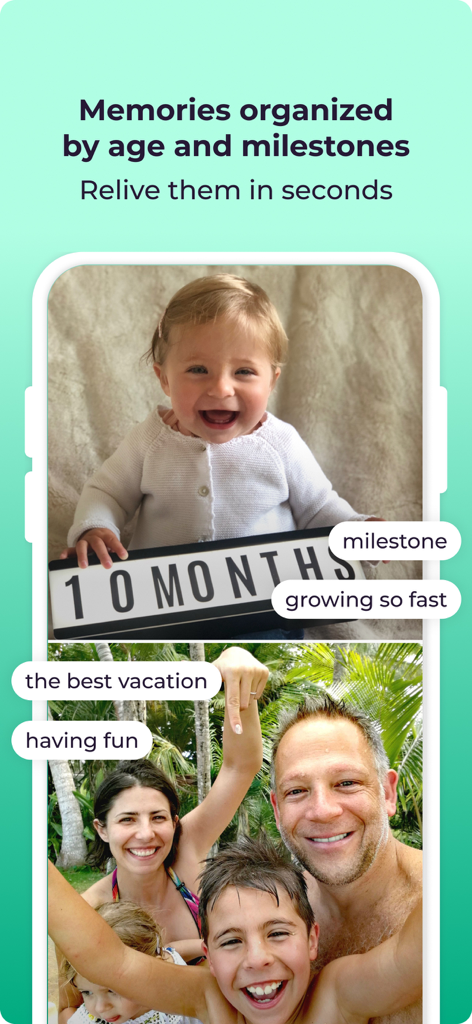 Firsties: Family Photo Sharing - Firsties app interface showing baby milestones and family vacation photos organized by age