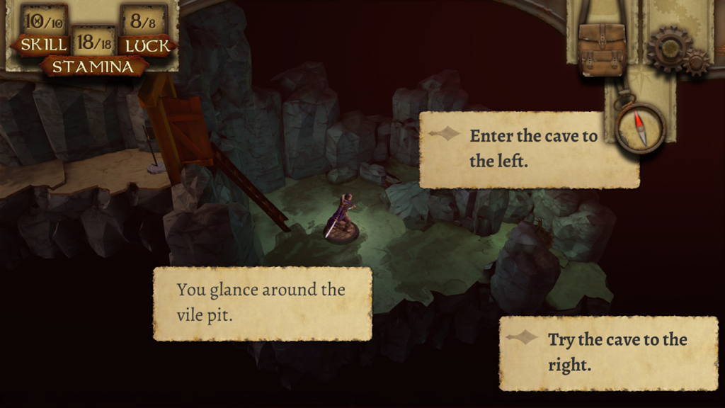 A character miniature in a 3D dungeon with narrative choice boxes in The Warlock of Firetop Mountain game.