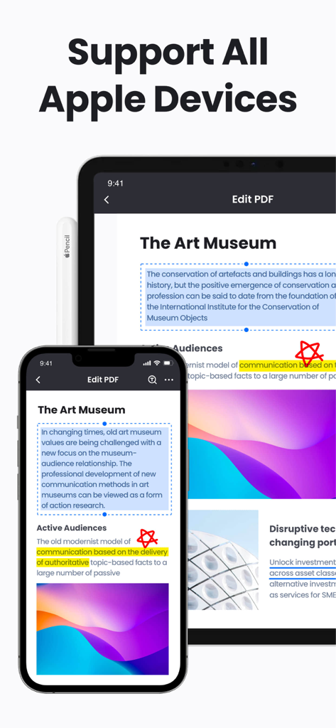 PDF Reader & PDF Editor - デバイス間の互換性を強調したiPhoneとiPadに表示されるPDFリーダーおよびエディターアプリのインターフェース。