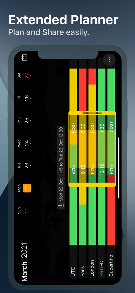 Extended meeting planner interface visualizing business hours across multiple time zones like Paris London and Cupertino