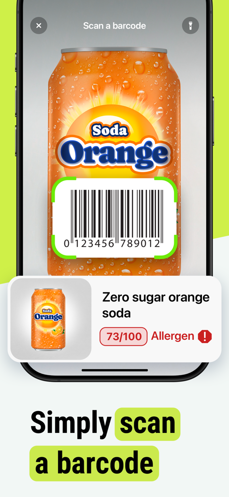 Healthy Food Scanner - OnFork - OnForkアプリでソーダのバーコードをスキャンして、栄養スコアとアレルゲン警告を表示しています。