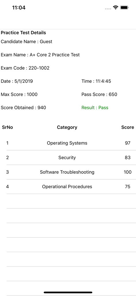 Aplus Core 2 practice test result screen showing a passing score and category breakdown