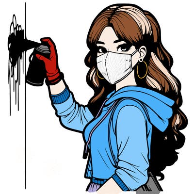 realistic girl with mask spray painting a wall