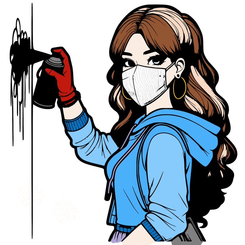 realistic girl with mask spray painting a wall