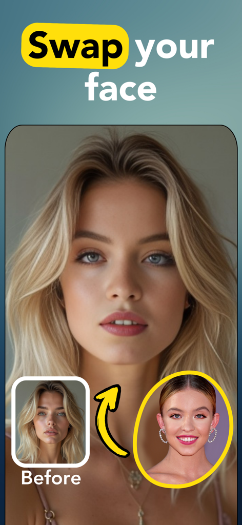 Face Swap - DeepFace AI - Demostración visual de una transformación de intercambio de caras usando la interfaz de la aplicación DeepFace AI.
