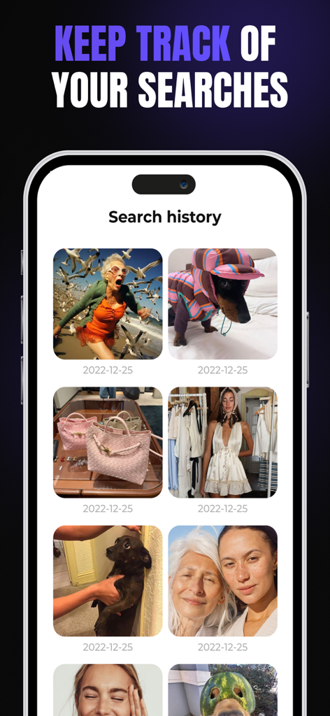 Interface do aplicativo móvel exibindo um histórico de pesquisa de várias imagens, incluindo itens de moda e pessoas