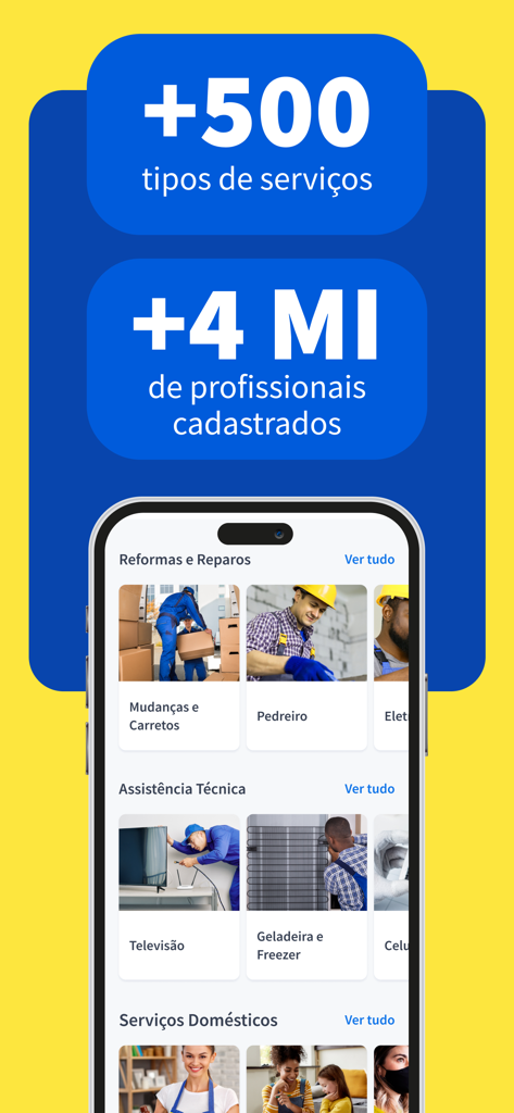 Pantalla del smartphone mostrando la aplicación GetNinjas con varias categorías de servicios y estadísticas de profesionales