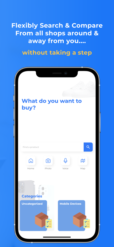 ShoppyMS: Shop Near You - Interfaz de la aplicación móvil ShoppyMS que muestra opciones para buscar productos por foto, voz y mapa para compras locales