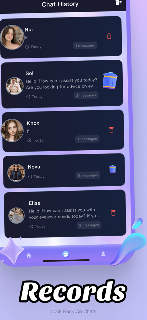 Oberfläche der GZO-App mit einer Liste von Chat-Aufzeichnungen mit virtuellen Brillen-Styling-Beratern.