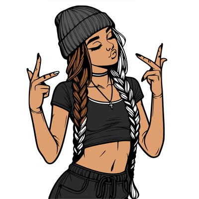realistic teenage girl with braids and a beanie and crop top doing 🫶🏼