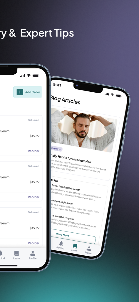 Fleava: Hair Health for Men - Fleava app screens showing hair health blog articles and treatment order tracking for men.