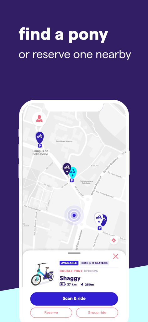 Map view of the Pony app showing available bikes and scooters nearby with a reservation option.
