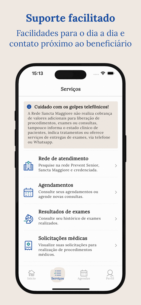 Pantalla de servicios de la app Prevent Senior mostrando opciones para redes médicas, citas y resultados de exámenes