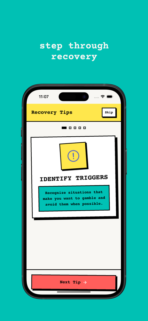 ストップギャンブルアプリの「回復のヒント」というタイトルの画面で、トリガーを特定し、ギャンブルの状況を認識するように指示されたカードが表示されています