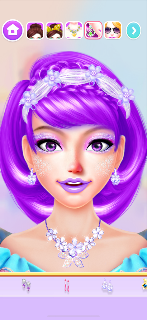 Makeup Salon: Games for Girls - Character with purple hair and floral accessories in Makeup Salon game
