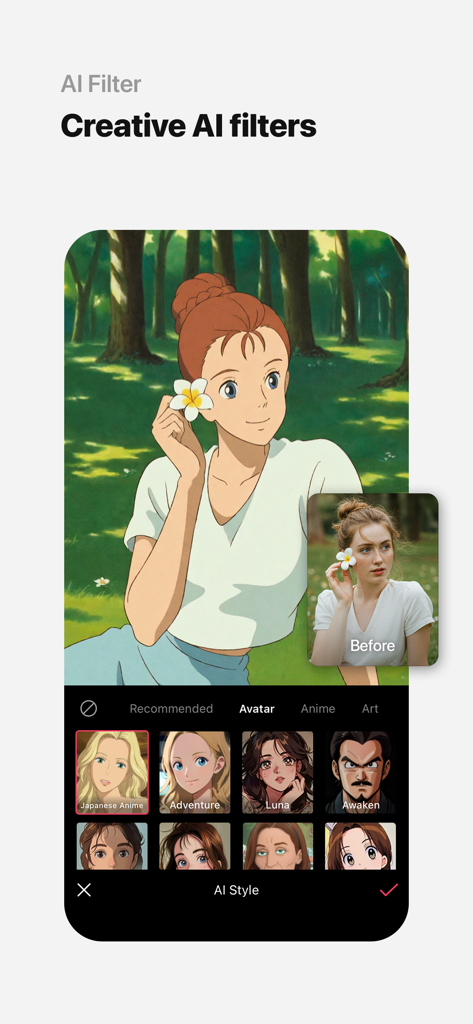 Interface de l'application EPIK montrant une photo réelle transformée en personnage de style anime japonais à l'aide de filtres IA.