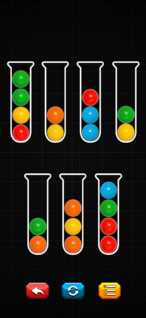 Color Ball Sorting-Puzzle Sort - Screenshot of Color Ball Sorting-Puzzle Sort game featuring various colored balls in glass tubes on a dark background.