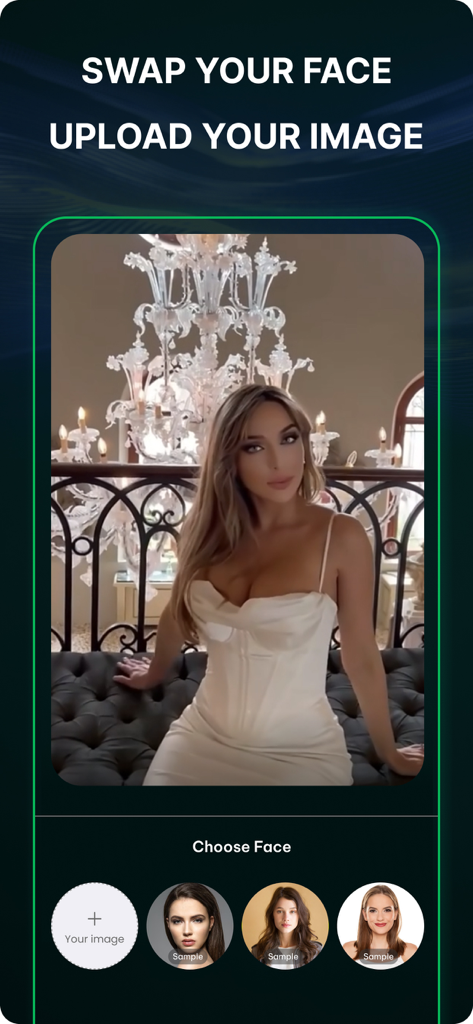Interface of the FaceAi app showing the face swap tool with a selection of faces and an upload option.