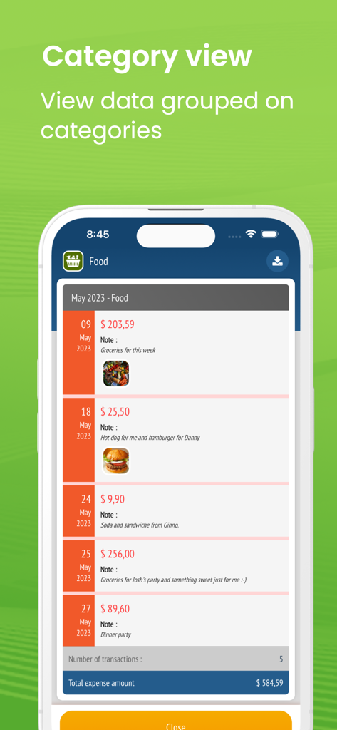 Spending Tracker and Manager - Mobile app interface showing a detailed list of food expenses with notes and photos