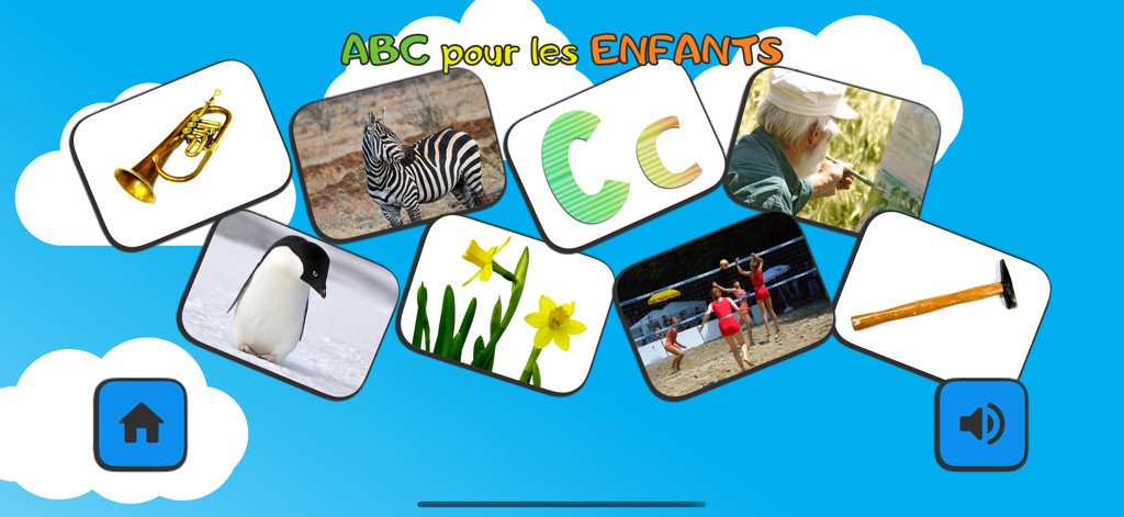 Écran principal de l'application ABC pour enfants en français, présentant des cartes éducatives sur les lettres, les animaux, les instruments et les sports.
