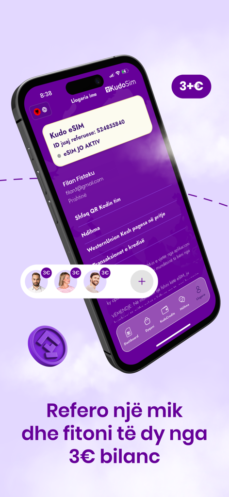 Kudo eSIM - A mobile app screenshot of Kudo eSIM showing a referral program where users can earn three euros by inviting friends