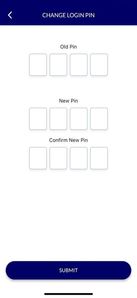 La schermata di modifica del PIN di accesso dell'app MyBorderPass che mostra i campi per il vecchio e il nuovo codice numerico.