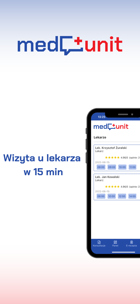 Medunit NFZ app interface for booking doctor appointments with available time slots
