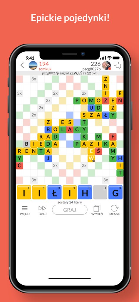 Literaki mobile app gameplay showing a Polish word board game with colorful tiles