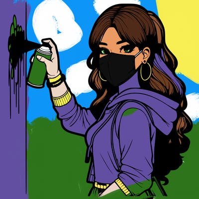 realistic girl with mask spray painting a wall