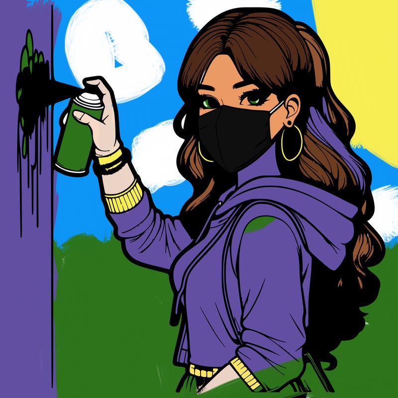 realistic girl with mask spray painting a wall