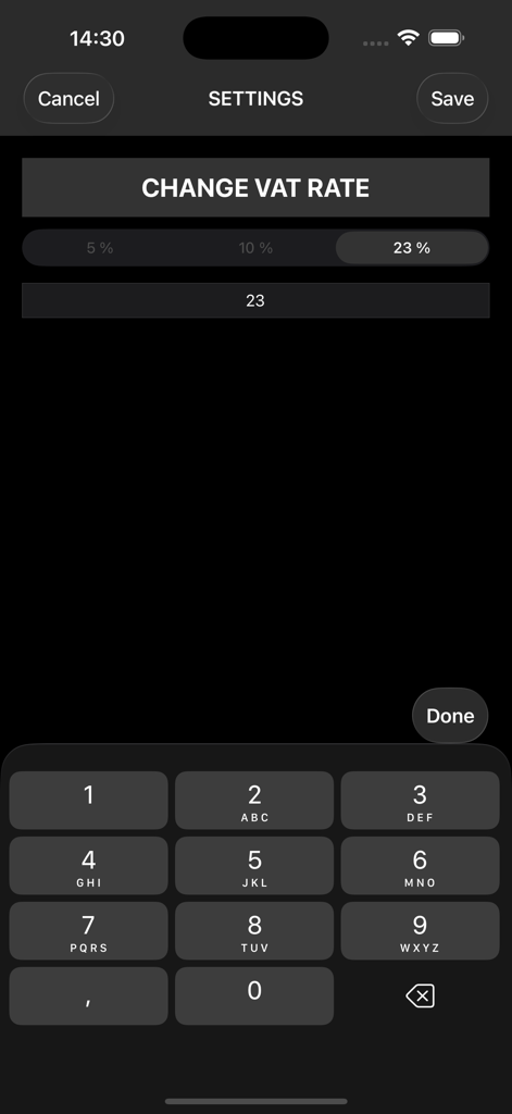 VAT Calculatorアプリの設定画面、数値キーパッドを使用して税率を変更