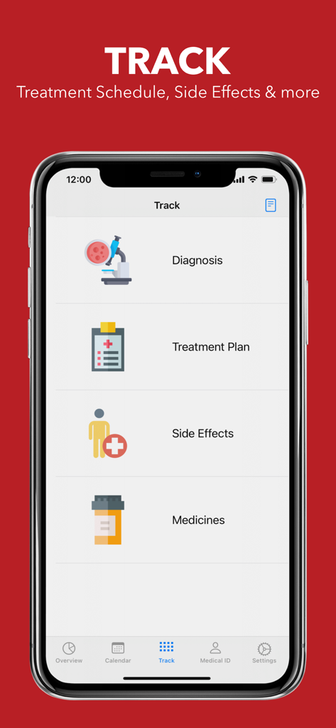 My Cancer Tracker app interface showing tracking options for diagnosis, treatment plan, side effects, and medicines.