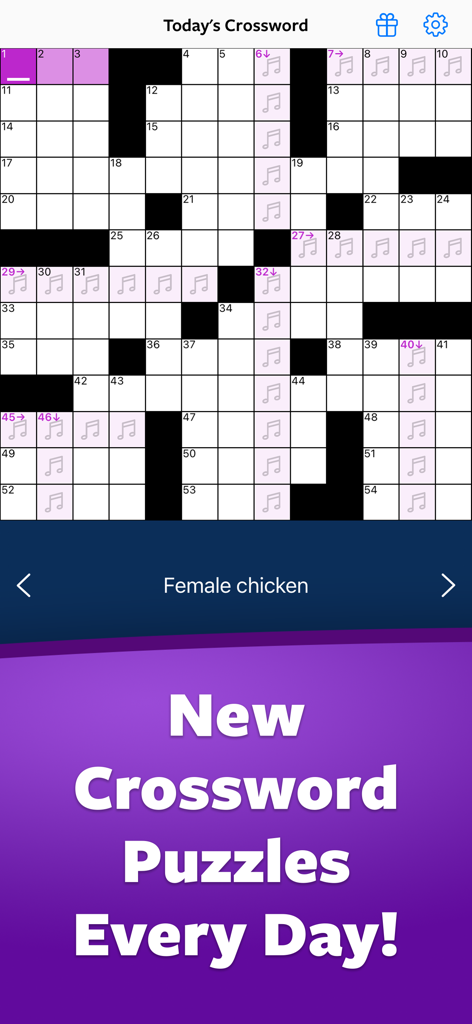 Crossword Plusアプリのインターフェース。クロスワードパズルと「毎日新しいクロスワードパズル」というテキストが表示されています。