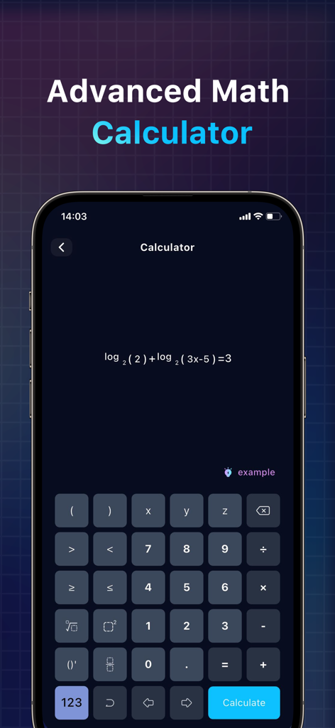 MathHub AI: Intelligent Tutor - Interfaz de calculadora de matemáticas avanzada dentro de la aplicación MathHub AI que muestra una ecuación logarítmica en la pantalla de un iPhone.