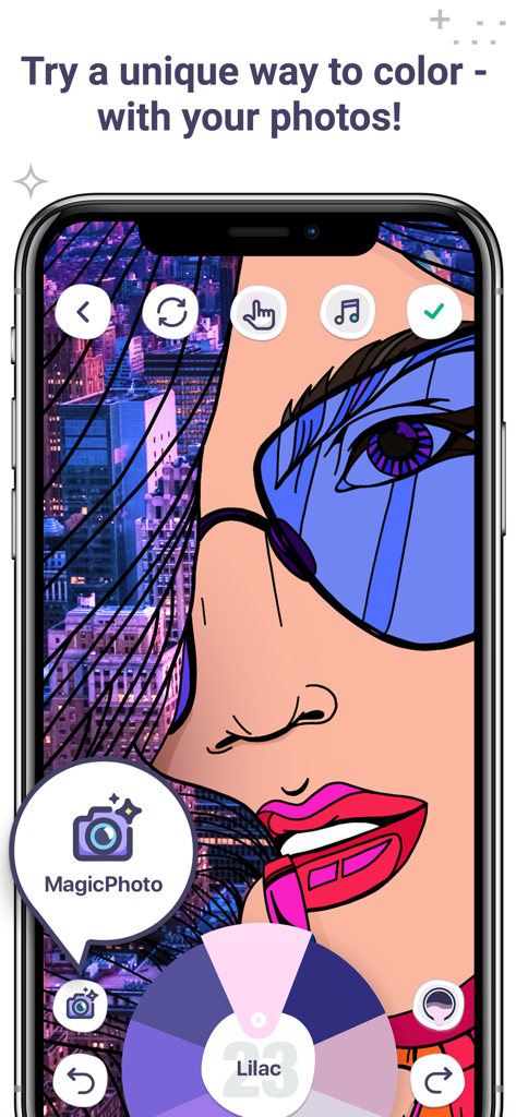 Coloring Book for Me - A smartphone screen displaying the MagicPhoto feature in Coloring Book for Me allowing users to color drawings with their own photos