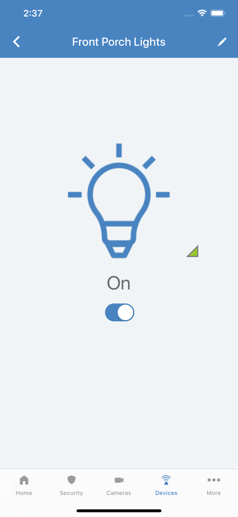 Alula Security app interface showing front porch lights control screen with a lightbulb icon and toggle set to on