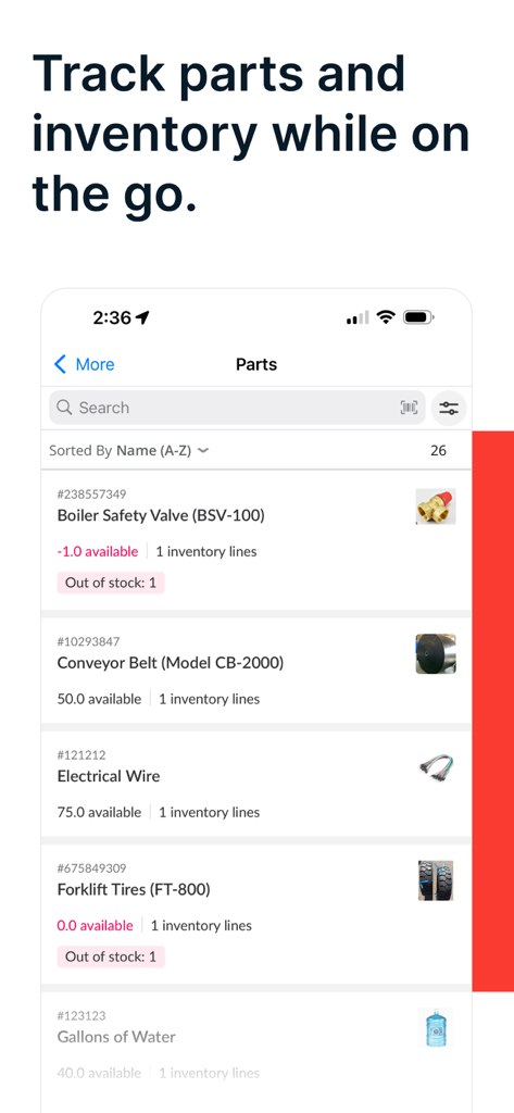 UpKeep Work Order Maintenance - Mobile app screen for tracking industrial parts and inventory levels in UpKeep
