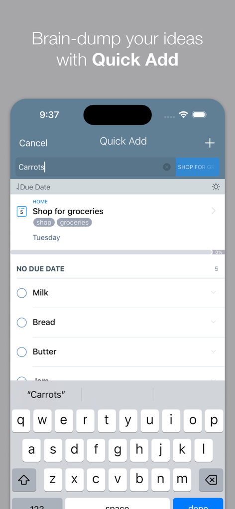 2Do - Todo List, Tasks & Notes - 2Do app interface showing the Quick Add feature for rapid task entry on an iPhone