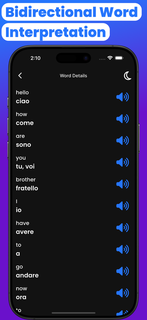Italian-English Translate - ダークモードでオーディオアイコン付きの双方向単語の詳細を示すイタリア語-英語翻訳アプリ画面