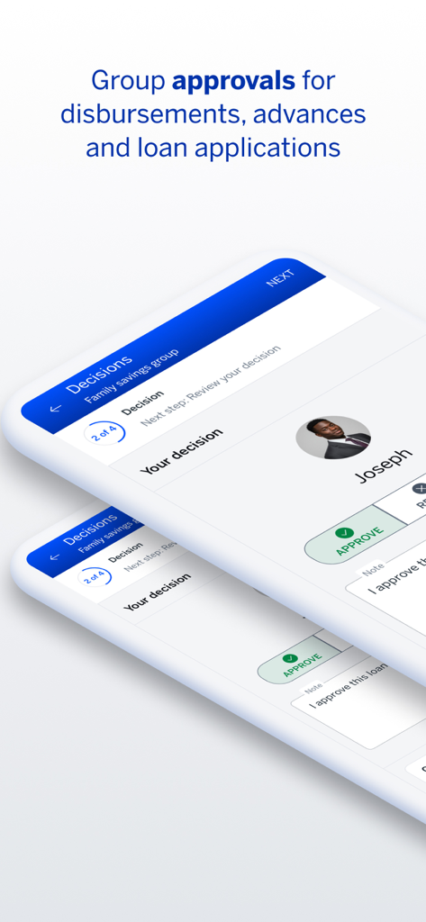 Interface showing the group approval process for loans and disbursements within the Stanbic Chama app.
