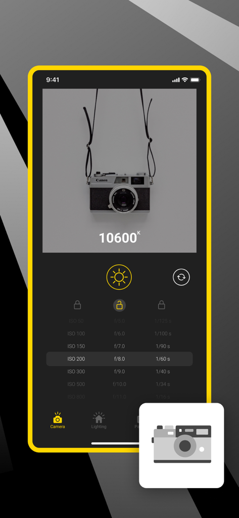 Écran de smartphone montrant l'application Lux Light Meter avec les valeurs d'exposition photographique et la température de couleur