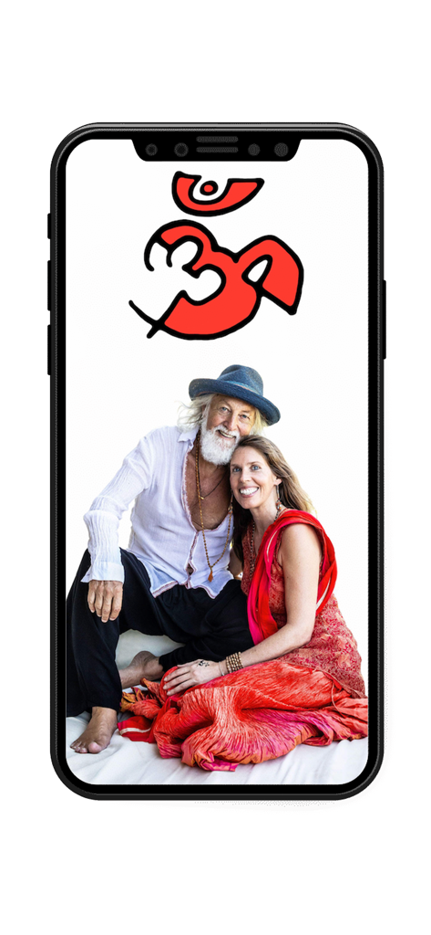 Deva Premal and Miten smiling on the Gayatri Sangha app welcome screen with a red Om symbol
