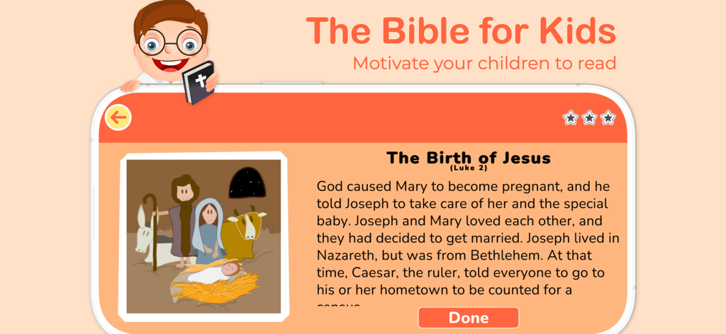 I Read: The Bible app for kids - Interface of the I Read Bible app for kids displaying the story of the birth of Jesus with text and illustrations