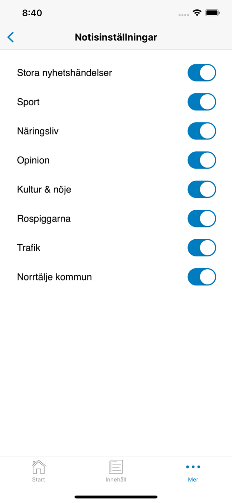 Norrtelje Tidning - Notification settings screen for the Norrtelje Tidning local news app showing various news categories and toggles.