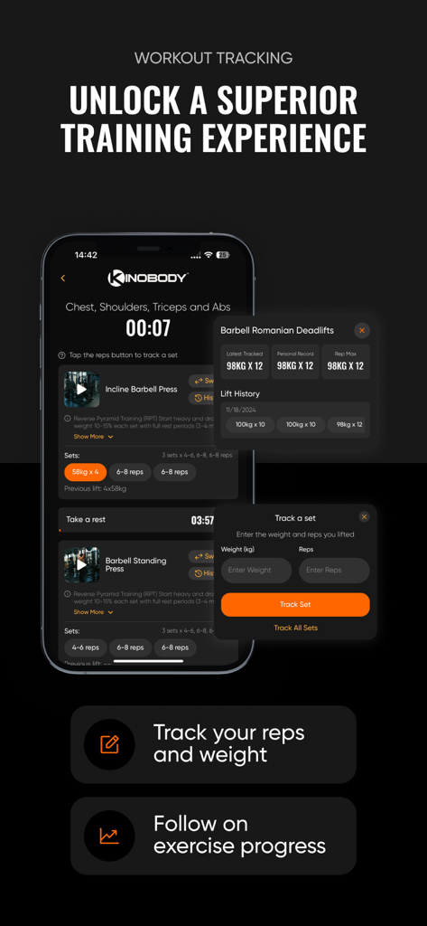 Kinobody Fitness - Interface of the Kinobody app showing workout tracking for sets, reps, and exercise progress