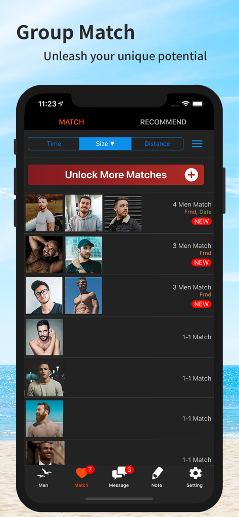 Gsland - Gay Chat, Dating, Now - A screenshot of the Gsland app showing the group match feature for the gay community