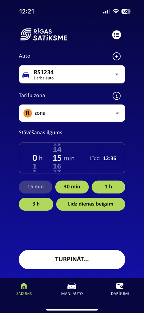 Rīgas satiksmes koda biļete - リガ交通アプリの駐車料金支払い画面には、車両選択、料金ゾーン、期間設定が表示されます