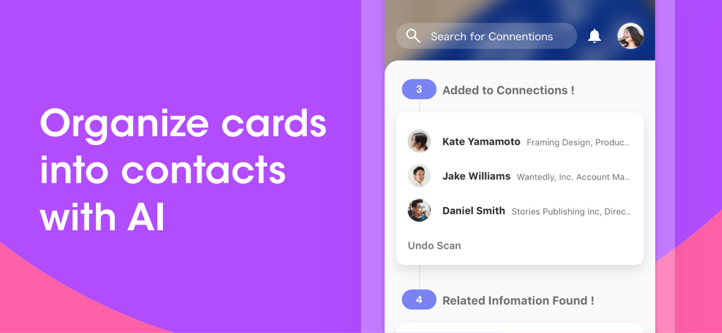 Wantedly People - Wantedly People app interface displaying contacts being added from business cards using AI technology