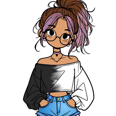 girl with a messy ponytail glasses a baggy crop top and jean shorts
