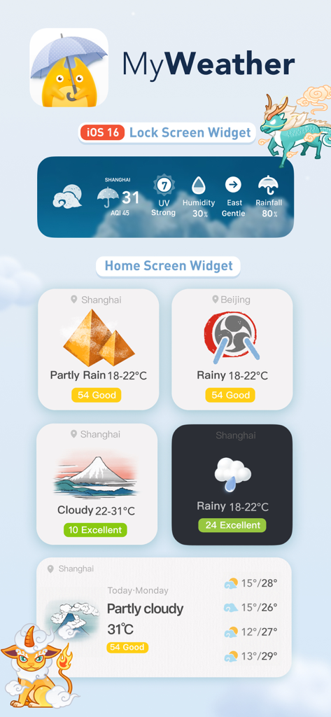 Aperçu des widgets météo artistiques et des thèmes pour iPhone et iPad de l'application MyWeather